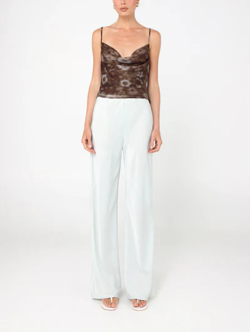 Brown and blue floral print cowl neck top