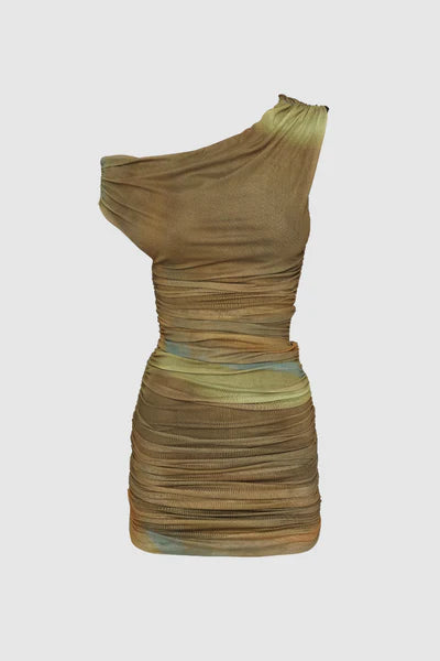 Khaki print mesh ruched mesh mini dress